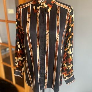 Escada Black and Brown Striped Blouse with Floral Sleeves